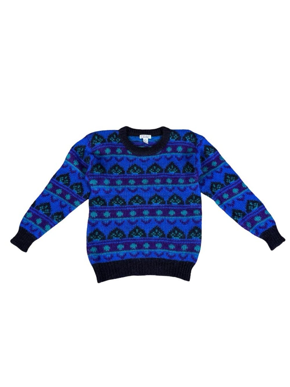 Vintage 1990s Gallagher Blue Black Mohair Blend Knit Sweater Made in Hong Kong